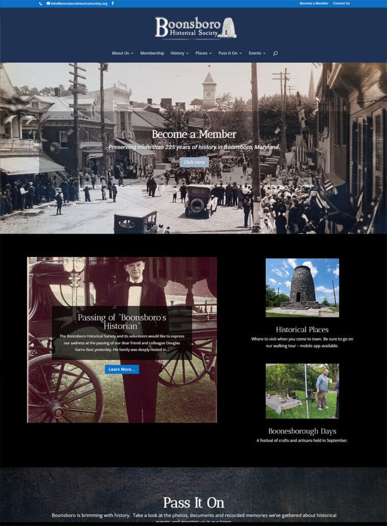Boonsboro Historical Society homepage screenshot