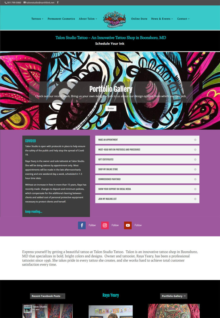 Talon Studio Tattoo homepage screenshot
